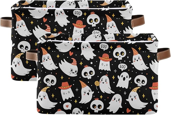 xigua Halloween Ghost Storage Basket Collapsible Storage Bins Waterproof Canvas Storage Basket with Leather Handles for Home 
