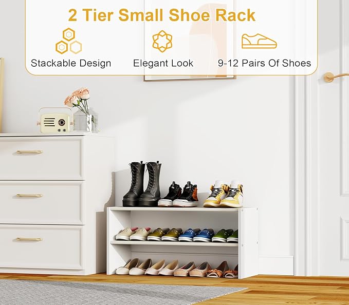 2 Pack 2 Tier Small White Shoe Rack For Closet, Stackable Shoe Shelf Organizer for 18 -24 Pairs of Shoes, Small Shoe Storage 
