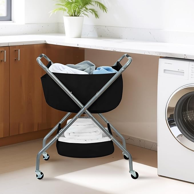 STORAGE MANIAC Collapsible Laundry Cart with Wheels 31.5"H Rolling Laundry Hamper Clothes Basket with Wheels, Canvas Liner St