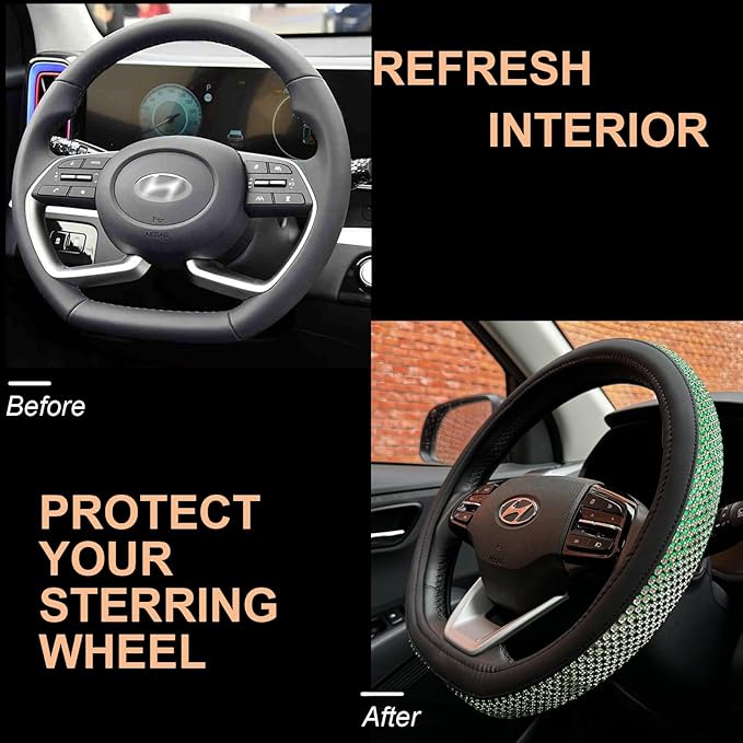 PINCTROT D Shaped Bling Comfy Steering Wheel Cover with Jumbo Crystal Rhinestones, Anti-Slip Diamond Leather, Flat Bottom 14.5-15 Inch (Vivid Green)