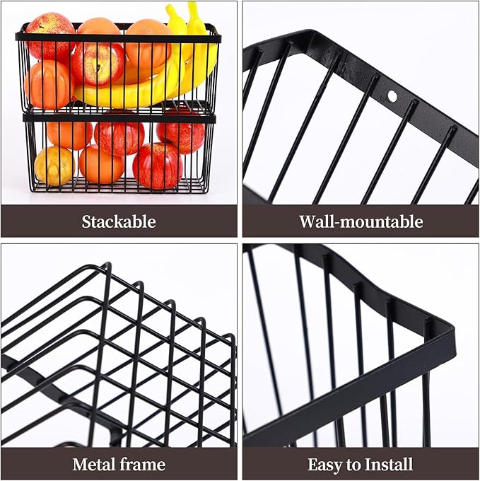 2 Pcs Fruit Basket Wire Baskets, Fruit and Veggie Storage Basket Holder for Kitchen Wall Mounted,Kitchen Organizers and Stora