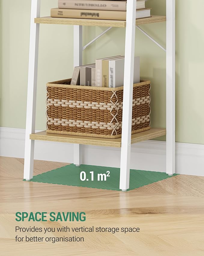 Hzuaneri Ladder Shelf, Bookshelf Bookcase, Freestanding Corner Storage Shelve with 2 Hooks for Home Office, Living Room, Kitc
