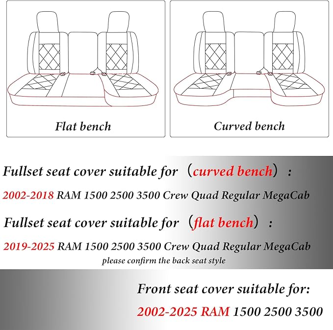 Coverado Ram Seat Covers Full Set, Waterproof Ram 1500 Seat Cover Compatible with 2002-2025 Dodge RAM 1500 2500 3500 Crew Qua