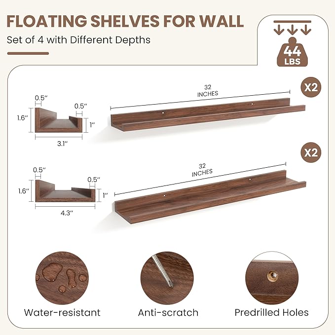 Fun Memories Picture Ledge Shelf, Floating Shelves Set of 4, 32 Inch Picture Shelves for Wall with Ledge, Large Nursery Book 
