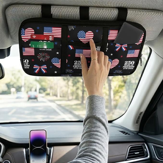 250th USA Anniversary Car Sun Visor Organizer Auto Visor Multi-Pocket Storage Pouch Holder Vehicle Visor Net Personal Belonging Pouch for Card Pen Phone