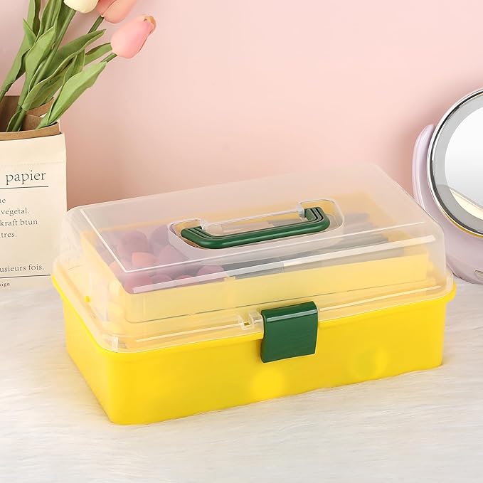 BTSKY 3-Layer Plastic Dividing Storage Box Craft Organizer with Adjustable Spacers Portable Handled Art Supply Organizer Mult