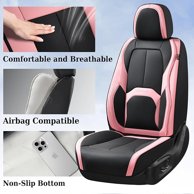 Coverado Car Seat Covers Full Set, Waterproof Nappa Leather Seat Covers for Car, Car Seat Protector with Lumbar Support, Auto