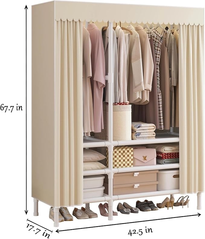 Portable Closet,Garment Rack,Heavy Duty Clothes Rack with Cover,Wardrobe Closet with 2 Hanging Rods, 6 Storage Shelves,43.3" 