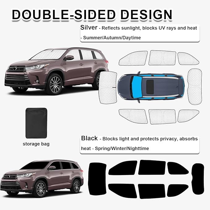 KMF 8pcs Thicken Sun Shades for Toyota Highlander 2014-2019 Accessories,Custom Full Car Window Covers Sunshade for Windshield Side Rear, UV Block and Blackout Privacy for Car Camping Outdoor