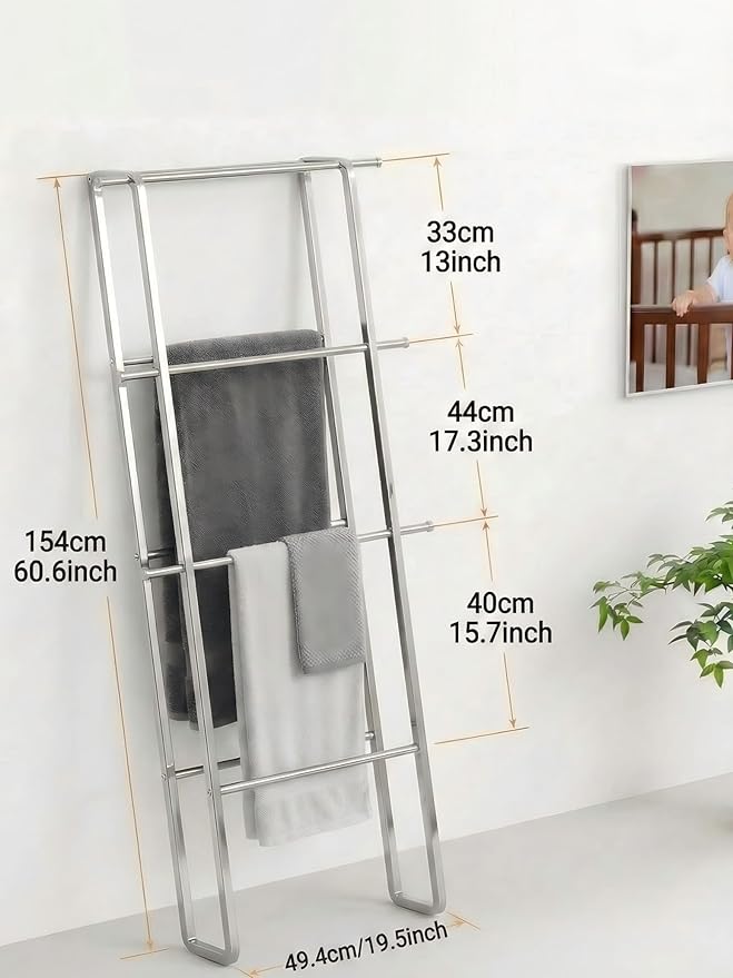 Metal Leaning Ladder Towel Rack, 4-Tier Blanket Stand for Bathroom Living Room, No Drilling Quilt Storage Organizer(Silver)