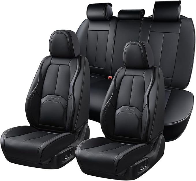 Coverado Car Seat Covers Full Set, Premium Nappa Leather Seat Covers for Car, Waterproof Car Seat Protector with Lumbar Suppo