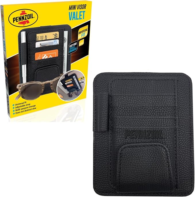 Pennzoil Mini Car Sun Visor Organizer Auto Interior car interior accessories - Car Visor Organizer -4 Card Slots, Pen Holder, Eyeglass Clip, Large Pocket -Small Size 5” x 6”x 0.50” Sunvisor Organizers