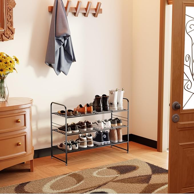 SUFAUY 3-Tier Shoe Rack, Closet Metal 33" Wide Shoe Rack Organizer Heavy Duty, Stackable, Black