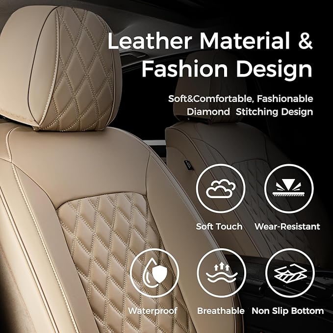 Huidasource Beige Front Seat Covers, Leather Car Seat Covers Front Seats, Driver Seat Cover Waterproof, Airbag Compatible, Un