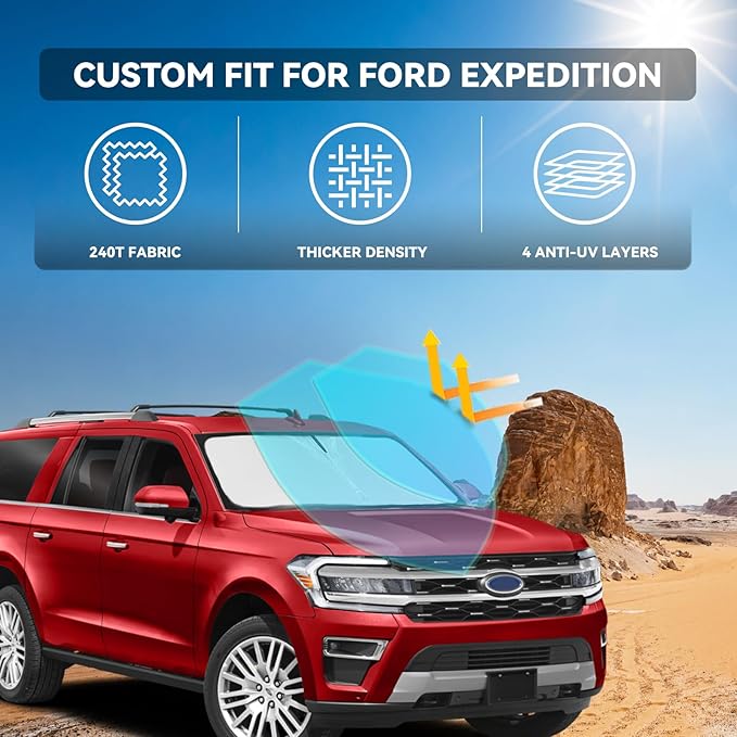 for Ford Expedition 2018-2025 Windshield Sun Shade - 4 Layers Car Sunshades for Front Windows Shade Cover Custom Fit Expedition Sun Visor 250T Retractable Shade Blocks UV Rays Car Accessories