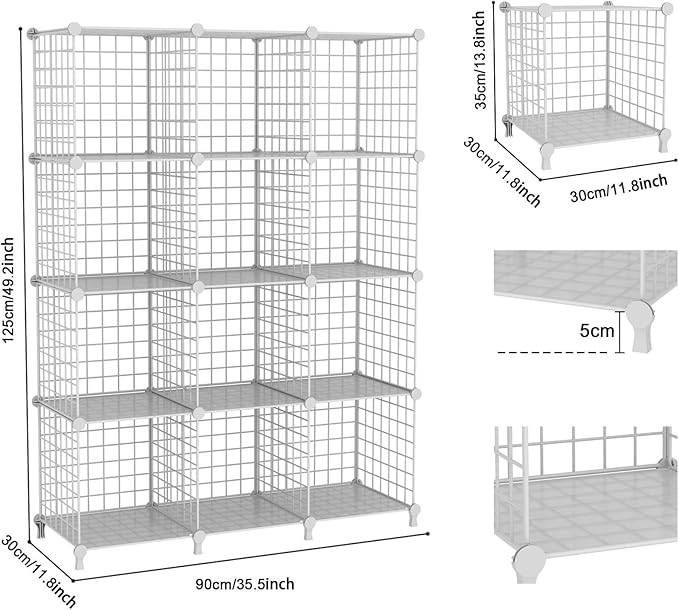 12-Cube Storage Organizer, Metal Wire Cube Shelving Unit, 11.8" L x 11.8" W x 11.8" H, Modular Grid Bookshelf for Closet, Bed