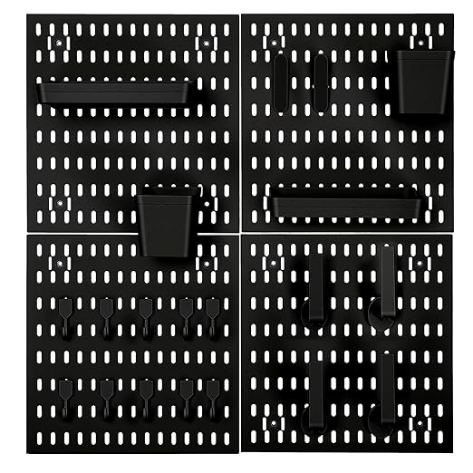 24 Pcs Wall Mount Peg Board Organizer Kits, Black DIY Pegboard Panels with 20 Accessories (Hooks, Clips, Bins, Shelves), Wall