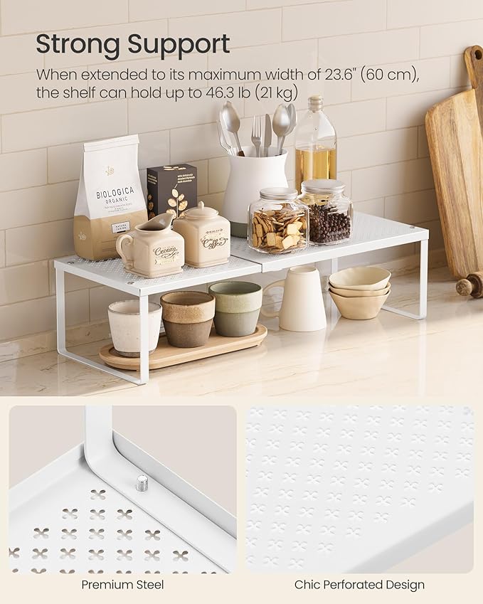 SONGMICS Spice Rack, Expandable Kitchen Countertop Shelf, Small Cupboard Organizer, Metal, Space-Saving Tabletop Shelf, Matte