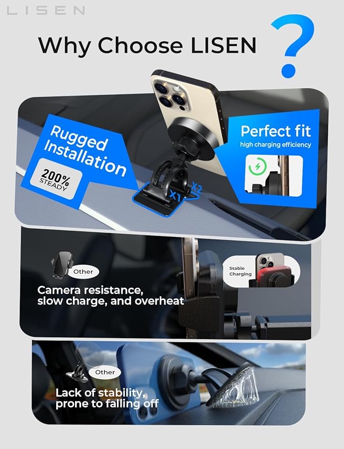 LISEN 15W MagSafe Car Mount Charger,Travel MagSafe Charger,Wireless Car Charger,Magnetic Phone Holder for Car,Phone Holders for Your Car Accessories for Women Men Jeep Ford for iPhone 17-12,Samsung