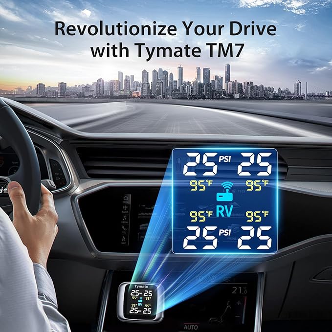 Tymate TM7 Tire Pressure Monitoring System, Wireless TPMS with 4 External Sensors & 6 Alarm Modes, Colorful Display, Real-time Tire Pressure Monitor System, Ideal for RV SUV MPV Truck Sedan(0-144 PSI)
