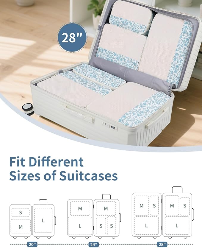 Narwey 7 Set Floral Packing Cubes for Travel Carry on Suitcase Luggage Organizer Bags for Kids Women Men, Durable Packing Org