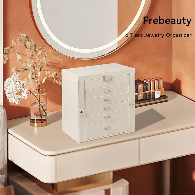Frebeauty Large Jewelry Box,6-Tier PU Leather Jewelry Organizer,Multi-functional Storage Case with Mirror,Accessories Holder 