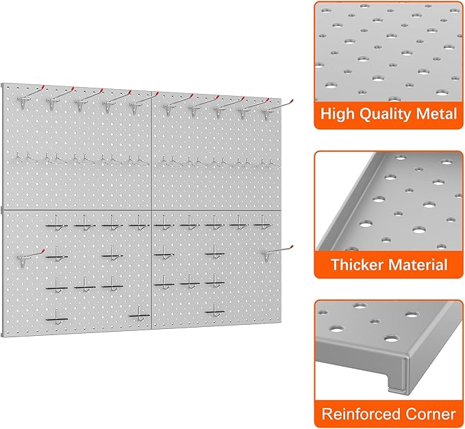 TORACK 4 PCS 12"x16" Metal Pegboard Panels for Garage, Workbench, Shop, Tool Organizer Peg Board with 1/8" & 1/4" Holes, Modu