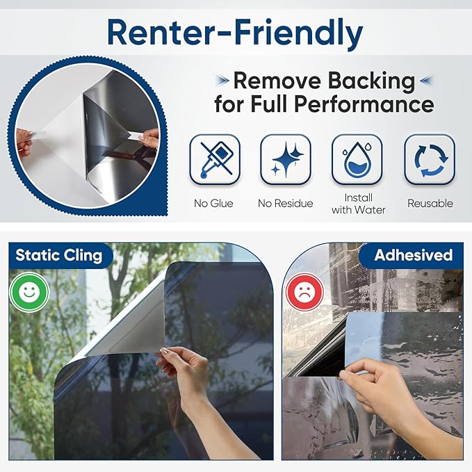 SUNBABY Window Tint for Home: UV & Heat Blocking One Way Privacy Film, Daytime See Out Not in Reflective Mirror Film, No Adhesive Static Cling for Glass Doors, Includes 3 Tools, Black, 29.5"x78.7"