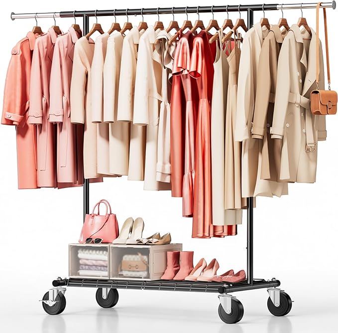 Heavy Duty Clothes Rack - Load 500 LBS, Rolling Clothing Rack for Hanging Clothes with Lockable Wheels & & Shelves, Extendabl
