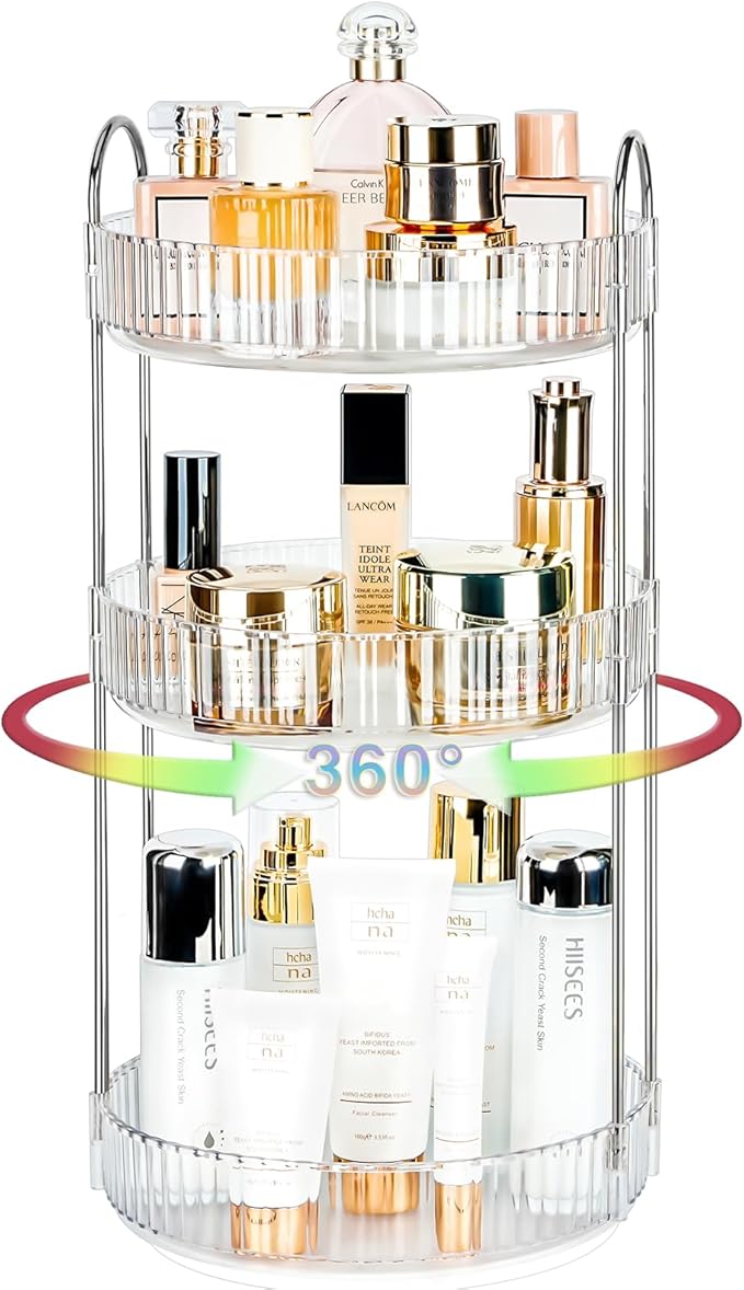 360 Rotating Makeup Organizer, 3 Tier Large Capacity Lazy Susan Bathroom Counter Organizer, Skincare Organizers, Spinning Per