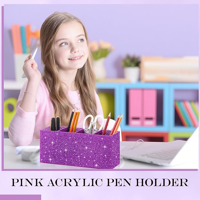 Jetec Acrylic Glitter Pen Holder 4 Compartments Bling Makeup Brush Stationery Organizer Pencil Holder for Desk Accessories Sp