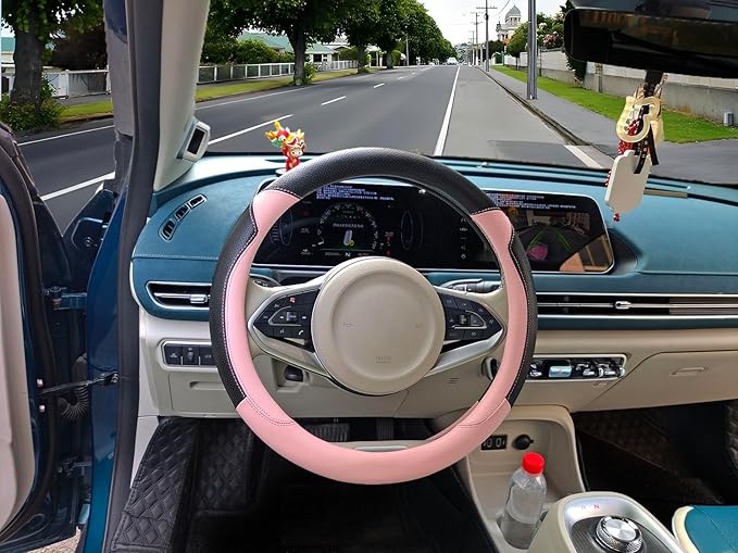 Fashion Cat Ear Leather Steering Wheel Cover Women Girl 15"(38cm) Universal Fit Auto D Shaped Leather Steering Wheel Covers (