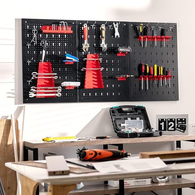 Goplus Garage Pegboard Tool Organizer, 4ft Metal Pegboard Wall Organizer w/3 Pegboards, Drill Bit Rack, Wrench Rack, Hooks Ac