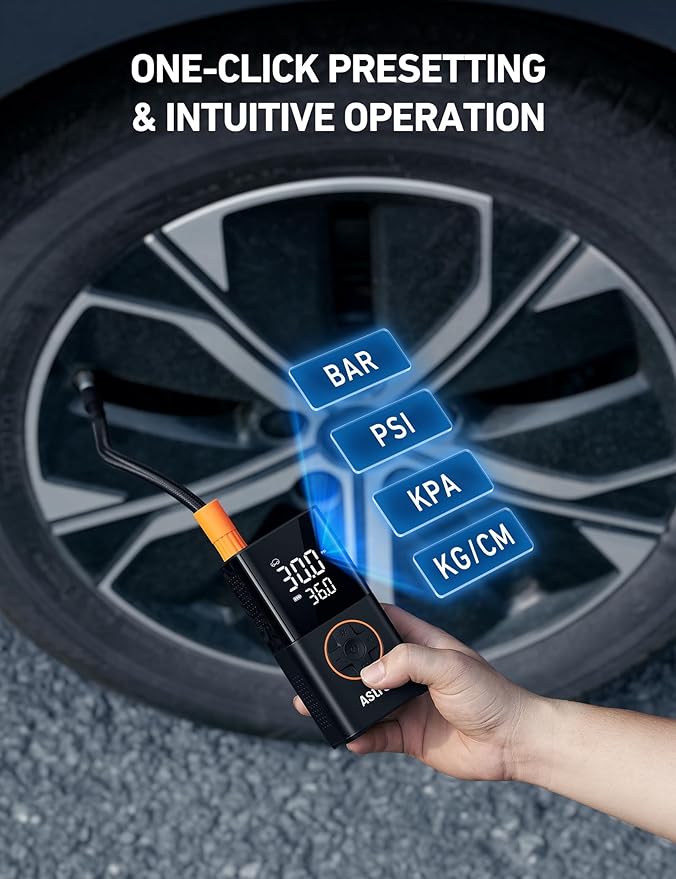 AstroAI L7 Tire Inflator Portable Air Compressor Cordless-2pack Bike Pump with Digital Dual Values Display, 150 PSI Car Tires Pump with LED Lights Air Pump for Cars, Motorcycles, Bikes, Balls Orange