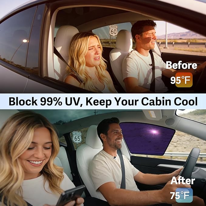 ZATOOTO Tesla Model Y Juniper 2020-2026 Front Window Shade for Driver & Passenger, Bluish-Purple Static Cling Car Window Shades | Block Harsh Sunlight | Sun Shade UV Blocker with Storage Bag