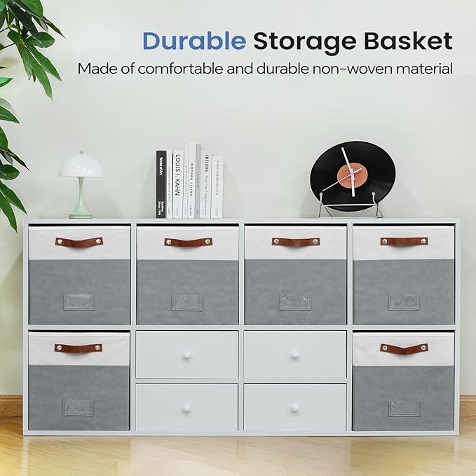 FinishingBo 6-Pack Storage Cubes with Handles & Label Holders Basket, Closet Cube Home Organizer Bins(White/Dark Grey, 13 x 1