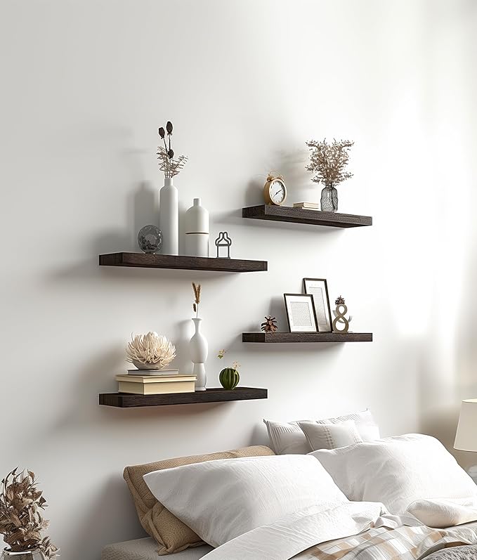 PHPH Wood Floating Shelves for Wall, Wooden Wall Shelves for Bedroom, Set of 6 Brown 17 Inch