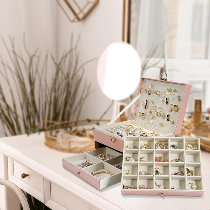 3-Layer Jewelry Box for Women, Jewelry Organizers and Storage with Removable Jewelry Tray, Vintage Quilted Top Lockable Jewel