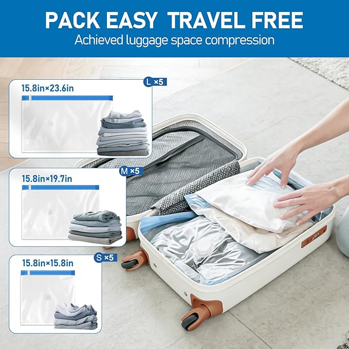 VMstr 15 Pack Travel Vacuum Storage Bags with USB Pump, Vacuum Packing Seal for Luggage and Suitcase, Space Saver for Clothes