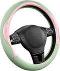 PIC AUTO Steering Wheel Cover, Pink Patterned & Green Leather Patchwork Design, Universal Fit 14.5"–15.5", Anti-Slip, Odor-Fr