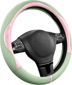PIC AUTO Steering Wheel Cover, Pink Patterned & Green Leather Patchwork Design, Universal Fit 14.5"–15.5", Anti-Slip, Odor-Fr