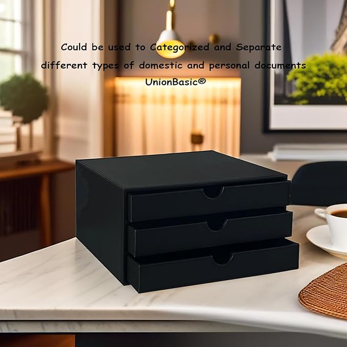 UnionBasic Document Organizer, 3-Drawer File Cabinet Document Storage Box, Office Desktop Filing Organizer, Black