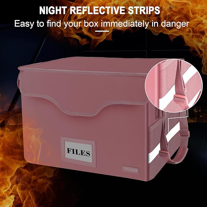DocSafe Fireproof Document Box with Lock,File Storage Organizer with Zipper Pockets,Collapsible Portable File Box Home Office