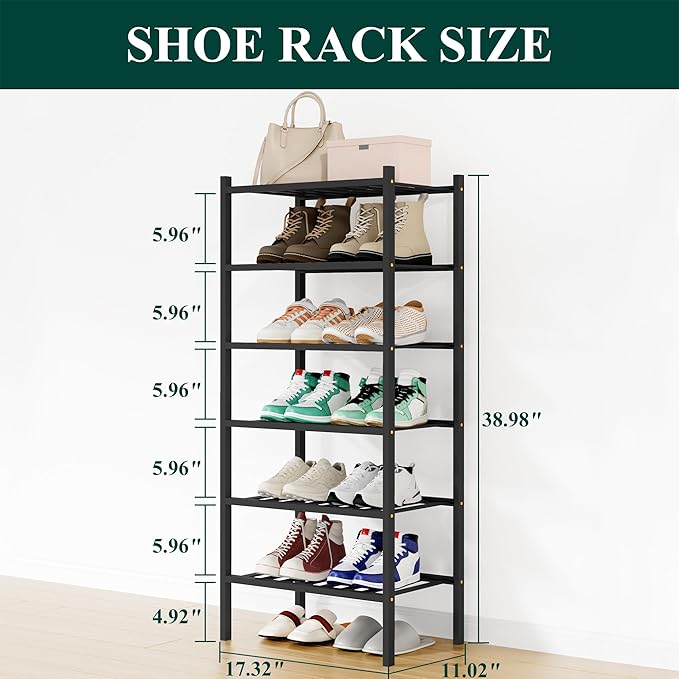 Smiry Shoe Rack, 6 Tier Small Bamboo Shoe Organizer, Stackable Free Standing Wooden Shoe Storage Shelf for Closet, Entryway, 