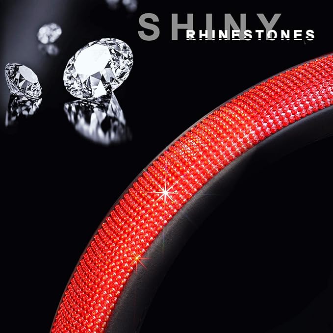 ChuLian New Diamond Leather Steering Wheel Cover with Bling Bling Crystal Rhinestones, Universal Fit 15 Inch Car Wheel Protec