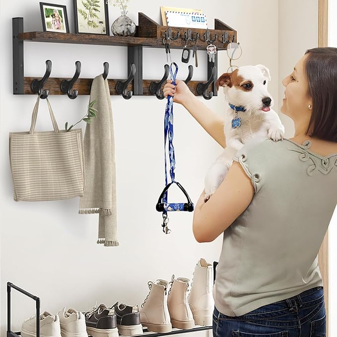 Evermagin 29" Coat Rack Wall Mount with Shelf, 4 in 1 Coat and Key Hanger with 11 Metal Hooks, Entryway Wall Mounted Shelf wi