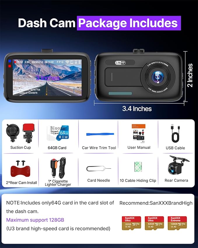 Dash Cam Front and Rear, 2.5K Dual Dash Camera W/ 64GB Card,3" IPS Screen Dash Cam Built-in 5G WiFi, Car Camera with G-Sensor