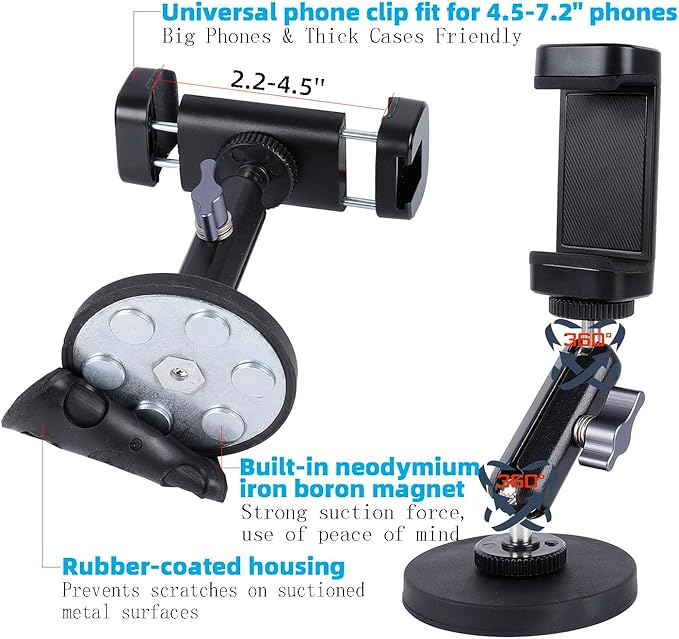 Gym Magnetic Phone Holder Mount with 360° Adjustable Dual Ballhead Magic Arm, Magnet Base Phone Mount for Gym Equipment, Refrigerator, or Any Ferrous Metal Surface, Compatible with All Smartphones