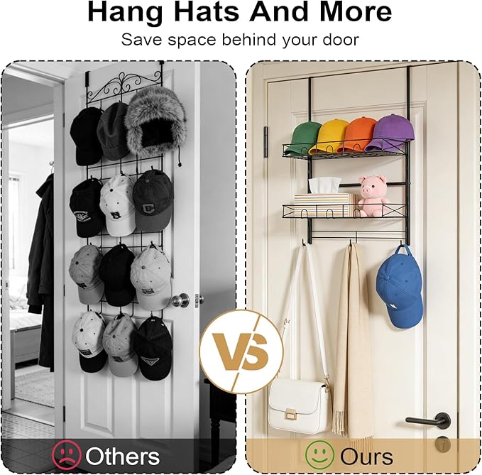 Widousy Over the Door Hat Organizer, 3 Tier Wall Mounted Hat Rack with 2 Adjustable Metal Basket and 3 Hooks, Baseball Cap Or