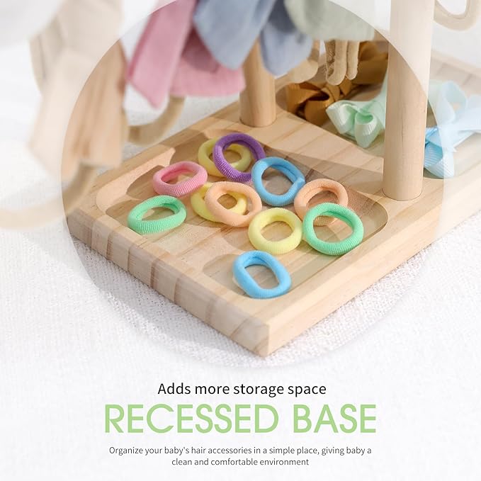 POVETIRE Headband Holder Stand Storage for Baby, 2 Tier Wooden Bow Organizer for Girls Hair Bows, Infant Hair Accessories Rac